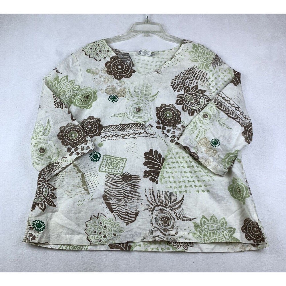 Hot Cotton Linen Cotton Boxy Tunic Shirt Womens 1X Brown Green Floral 3/4 Sleeve
